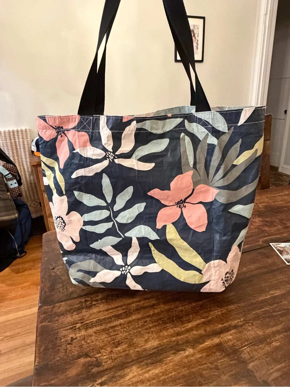 ALOHA Collection “Eve” Navy Floral Reversible Tote with Black Straps NWT